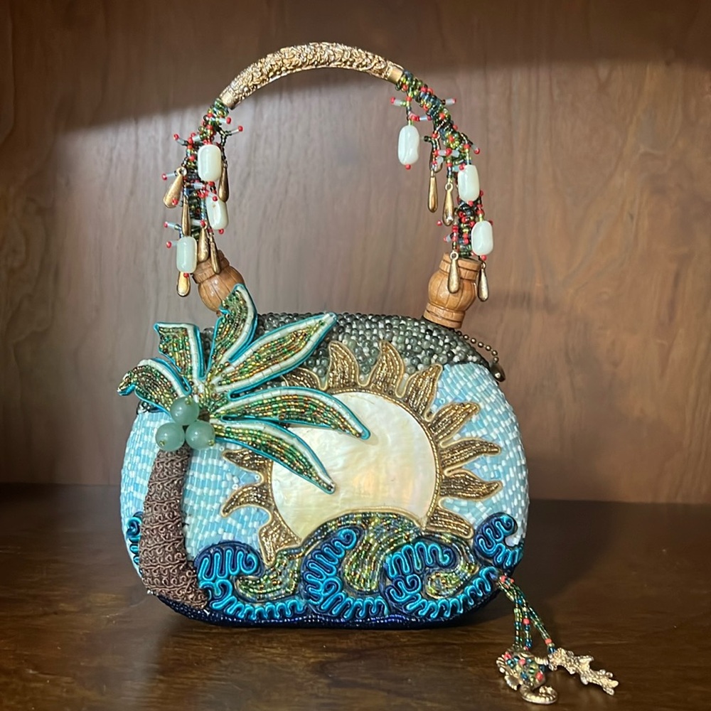 Mary Frances Coconut Grove Mini Beaded Hand Bag Palm Tree Seahorse Charm Vintage